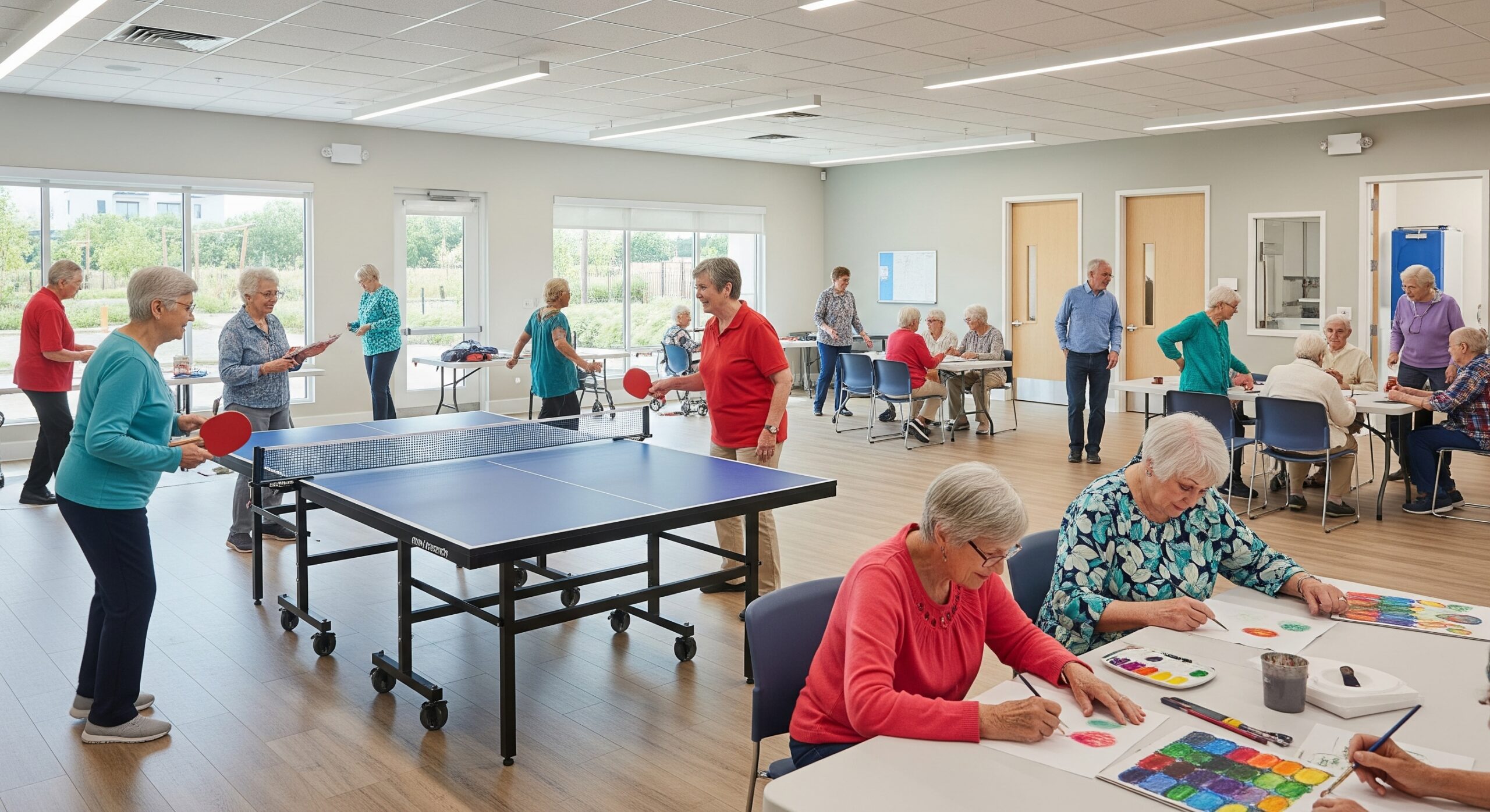 Seniors engaged in various indoor activities.