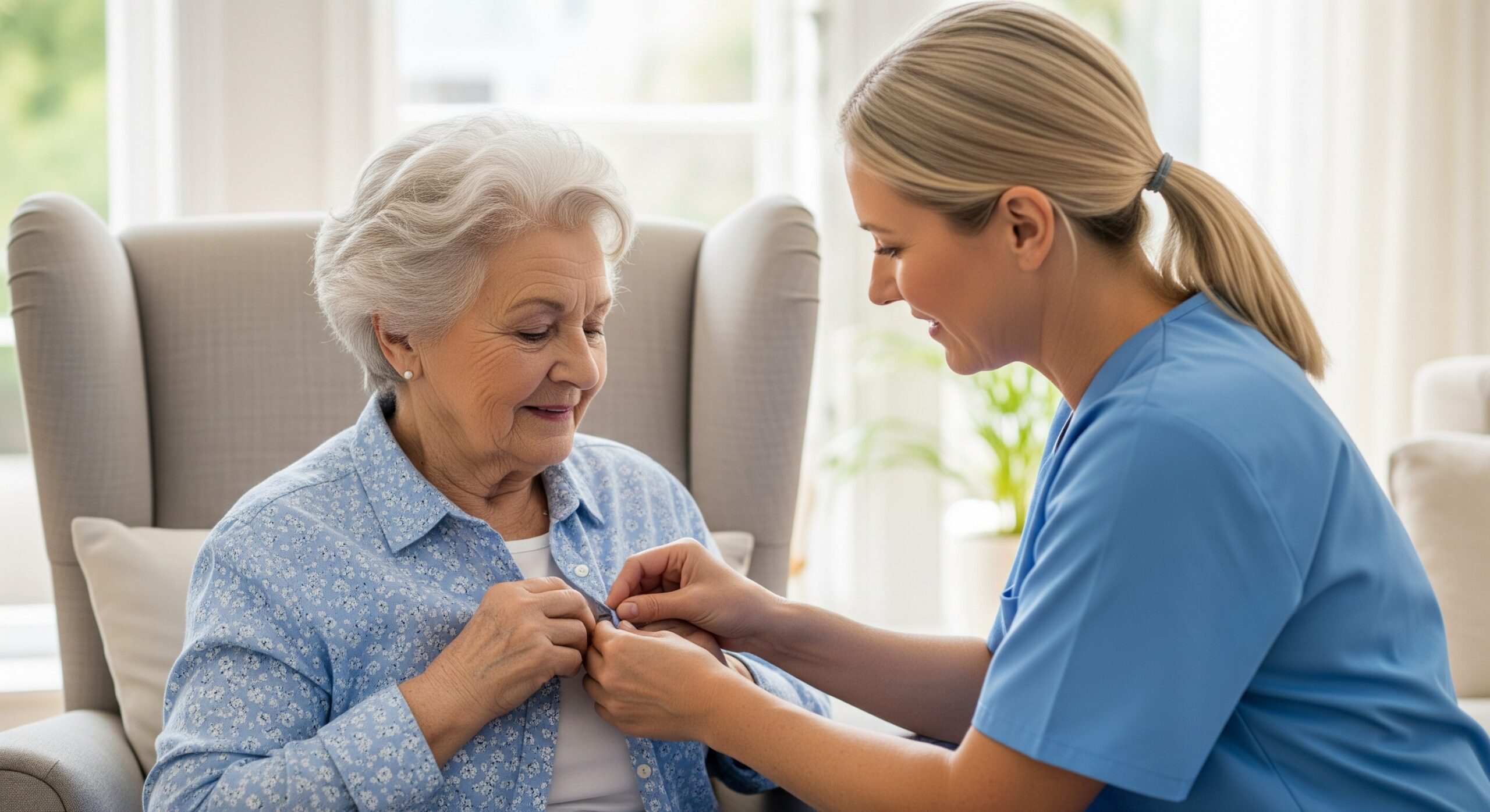 Nurse assisting elderly woman with buttoning shirt.