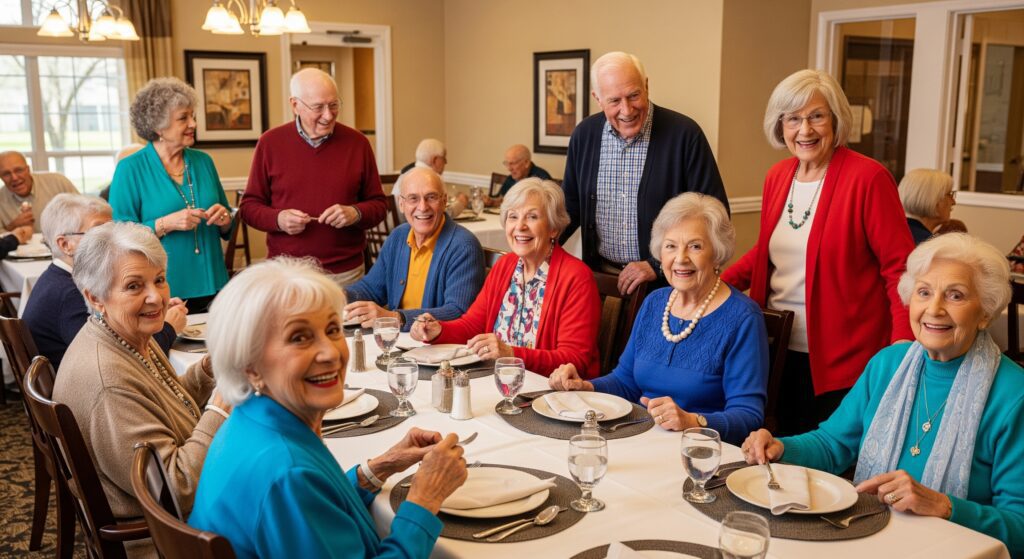 Seniors dining in a happy, social gathering.