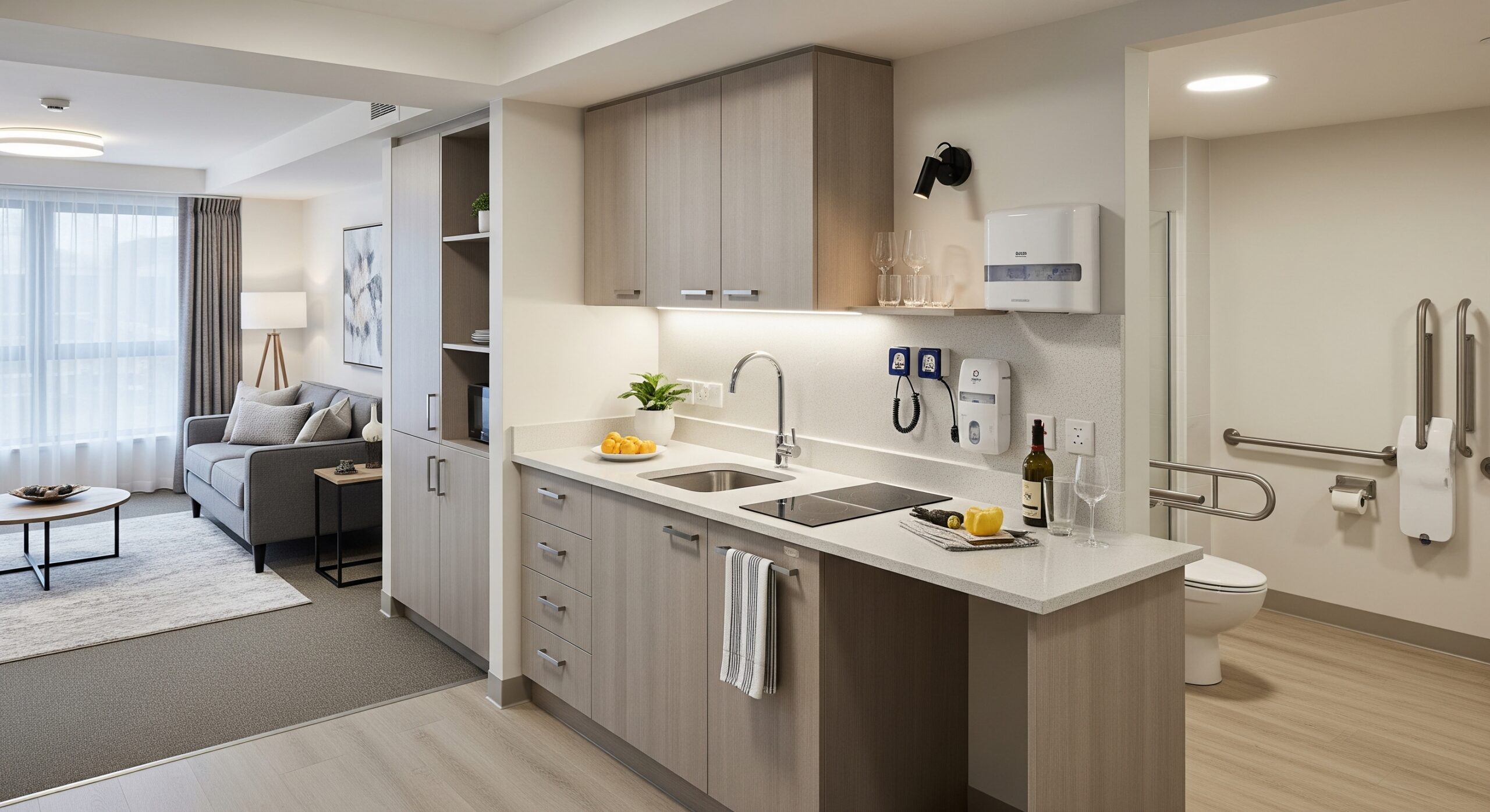 Modern studio apartment with kitchen and living area.