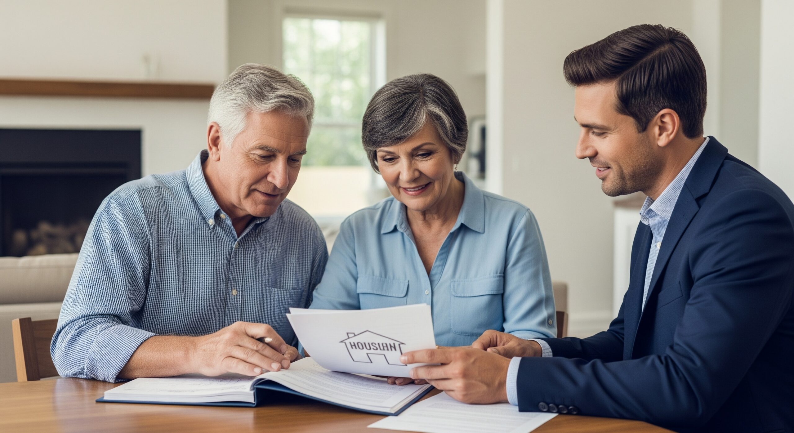 Couple reviewing housing documents with advisor.