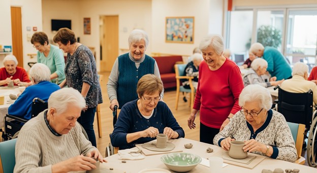 Elderly group enjoying pottery class in community center.
