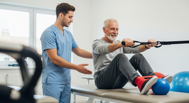 Man receiving guidance during physical therapy session.