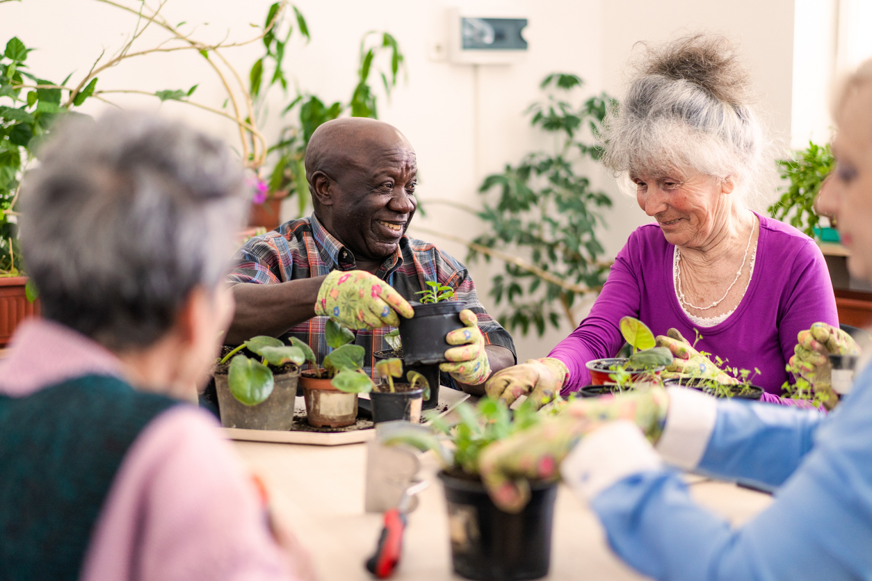 Two smiling retired pensioners are tending to the potted plants on a table, in the foreground and out of focus more ladies are helping