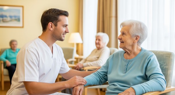 What Is a Skilled Nursing Home Caregiver interacting with elderly woman in nursing home.
