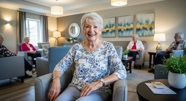 Seniors socializing in a cozy living room setting.