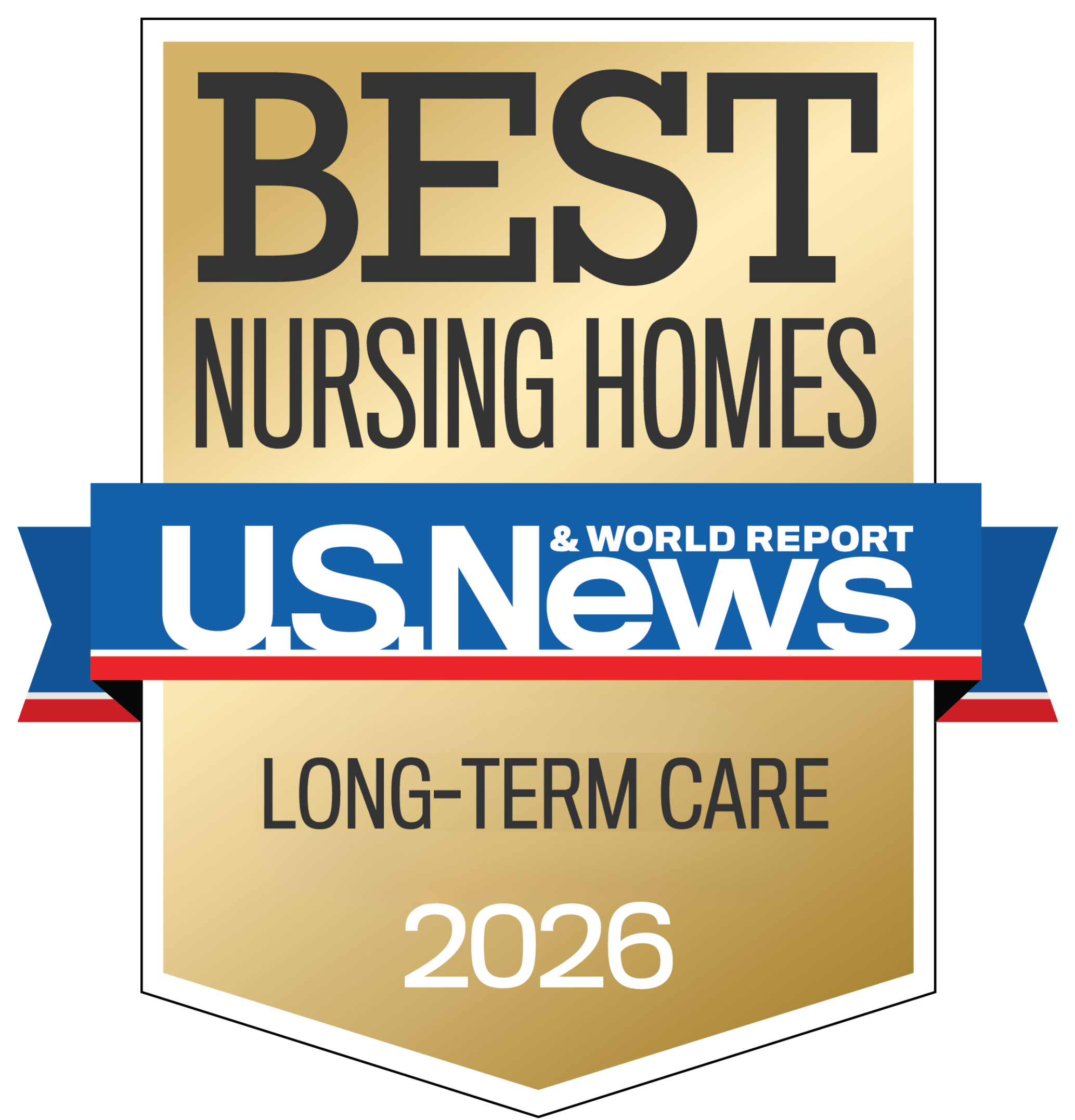 A gold badge with the text Best Nursing Homes, U.S. News & World Report, Long-Term Care, 2026 on it recognizes Skaalen Retirement Services. A blue, red, and white ribbon runs across the center.