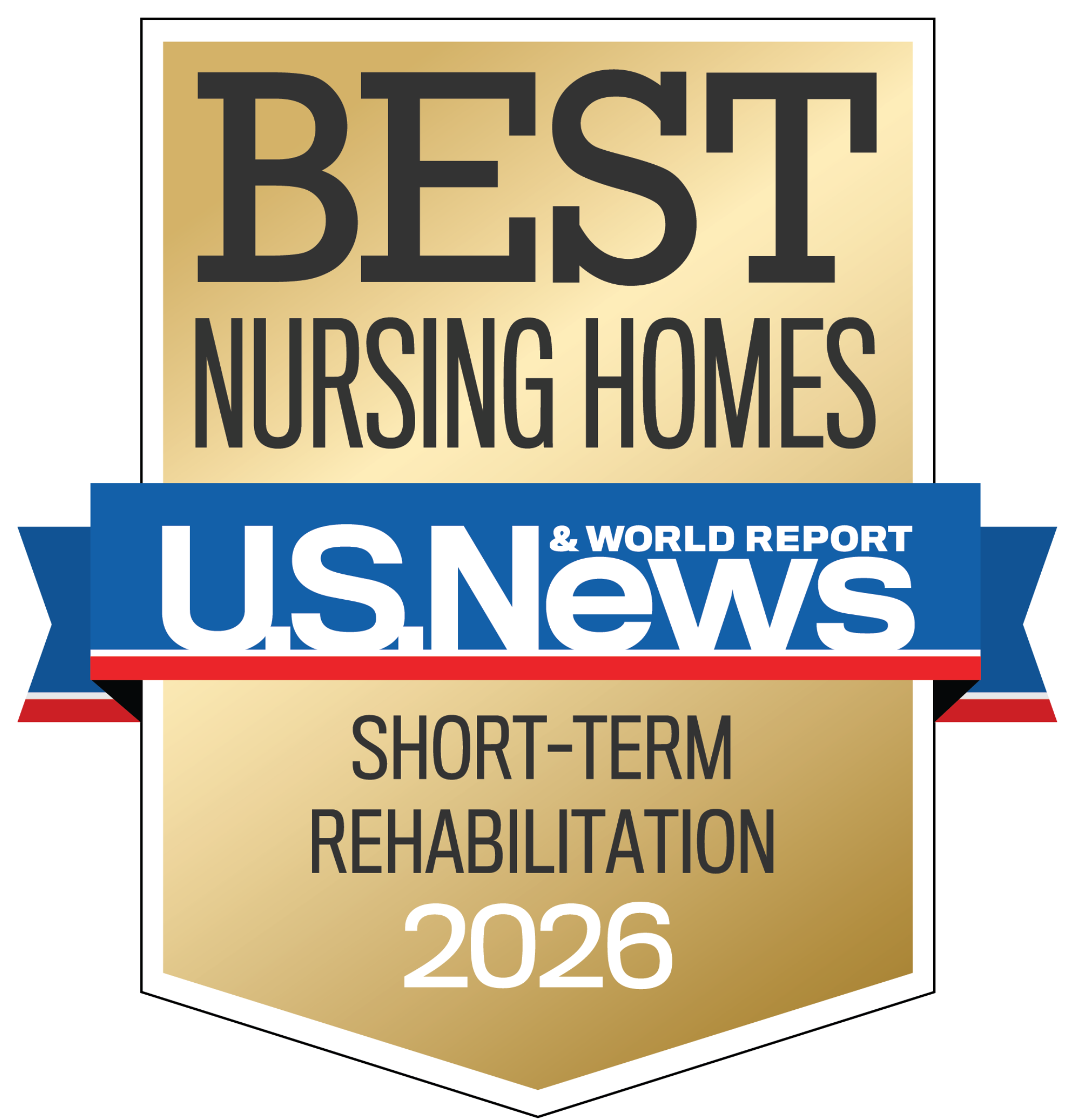 A gold badge reads Skaalen Retirement Services Best Nursing Homes U.S. News & World Report Short-Term Rehabilitation 2026 with a blue ribbon and bold black and white text.
