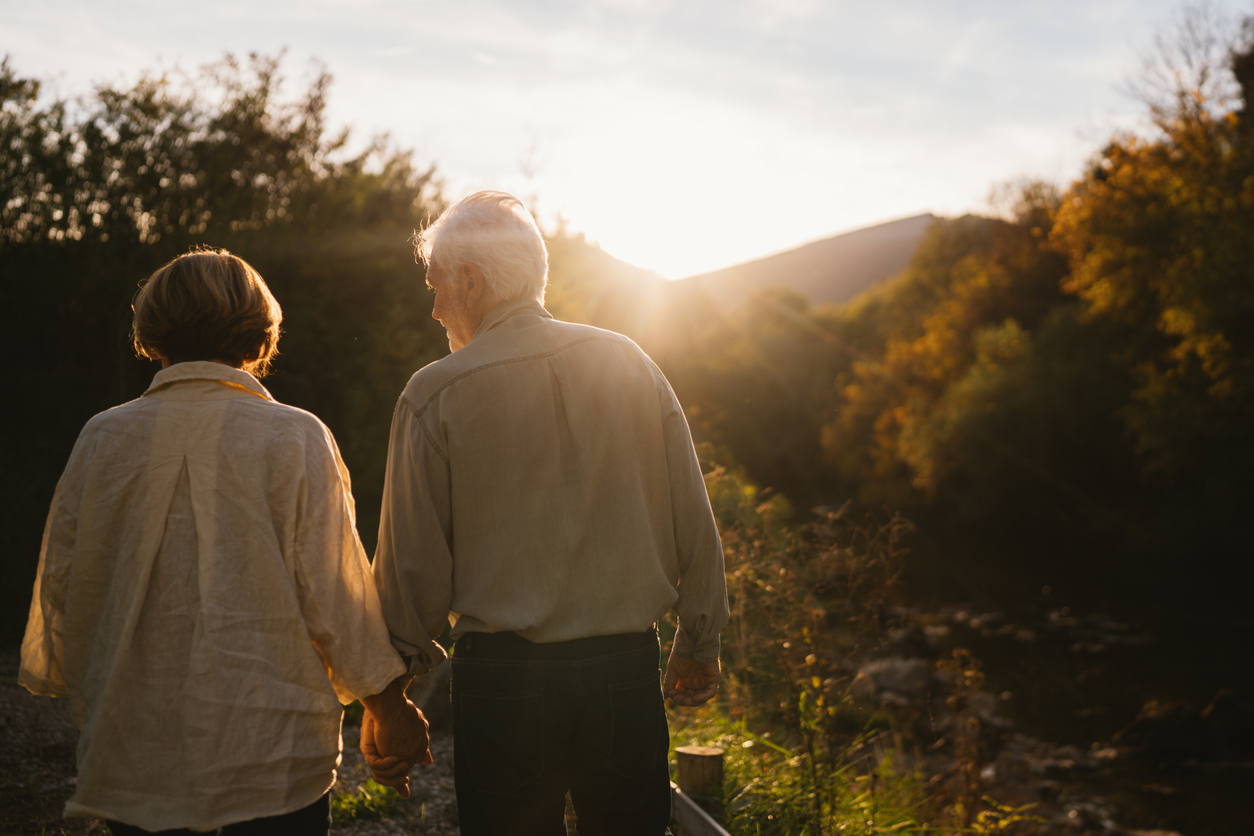 Elderly couple walking hand in hand at sunset.